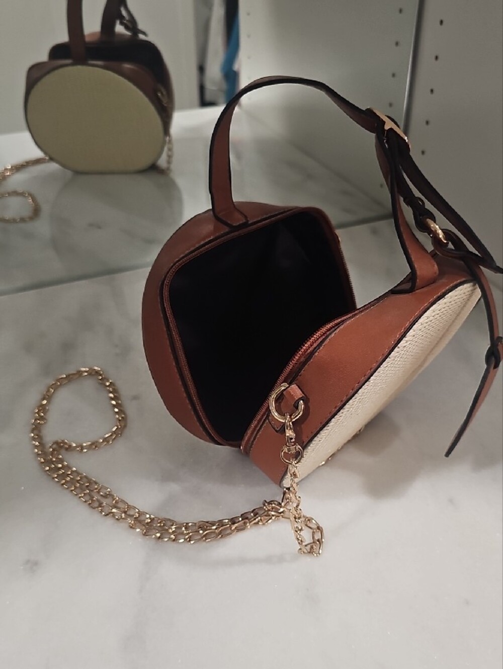 Round Woven Crossbody Bag - Beige and Brown - Picture 2 of 5